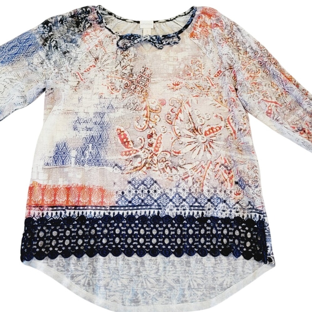 Chico's 1 White Blue Red 3/4 Sleeve‎ Top Hi/Lo Lace Accents Cotton Blend